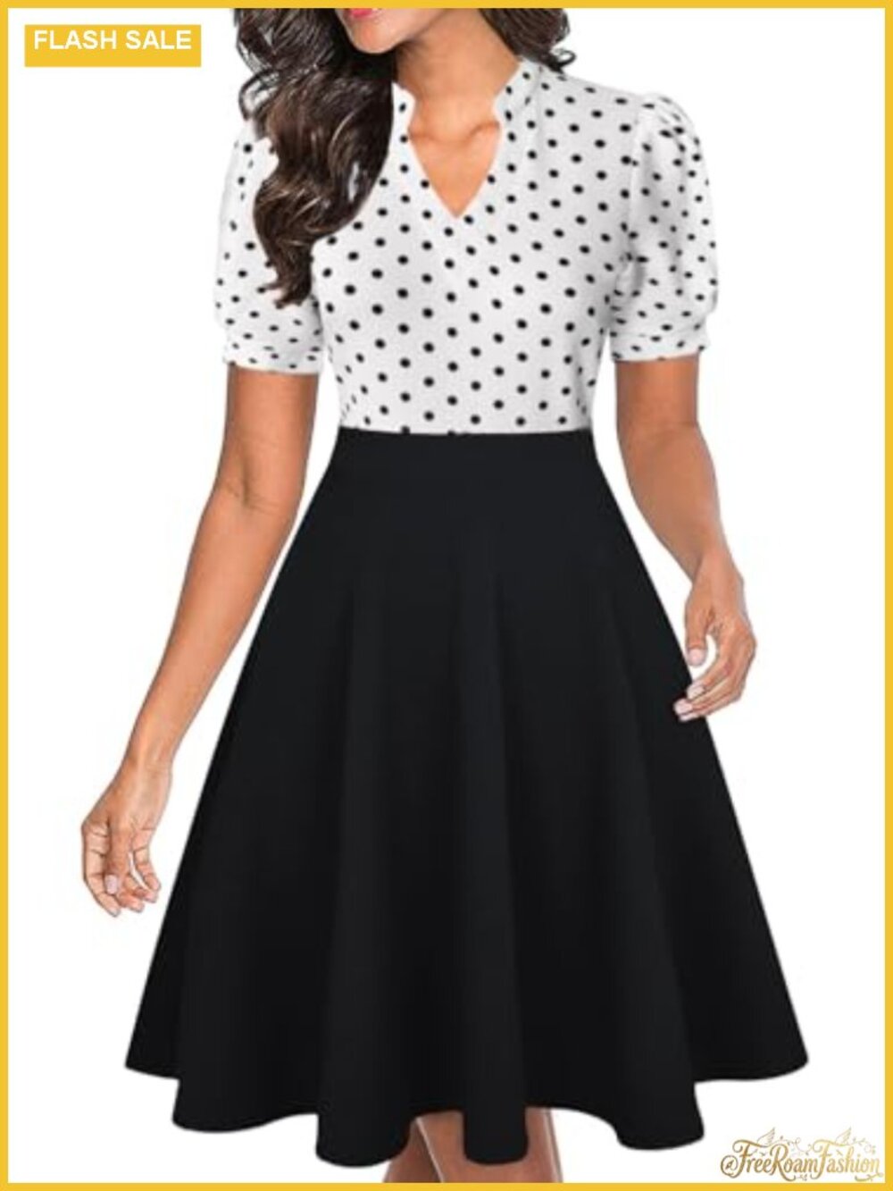 Women Casual Puff Sleeve Fit and Flare Dress with Pockets